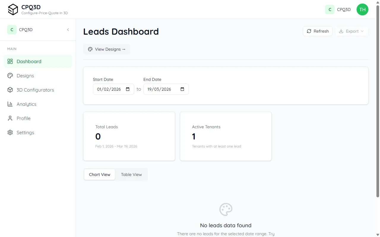 Dashboard showing incoming quote requests