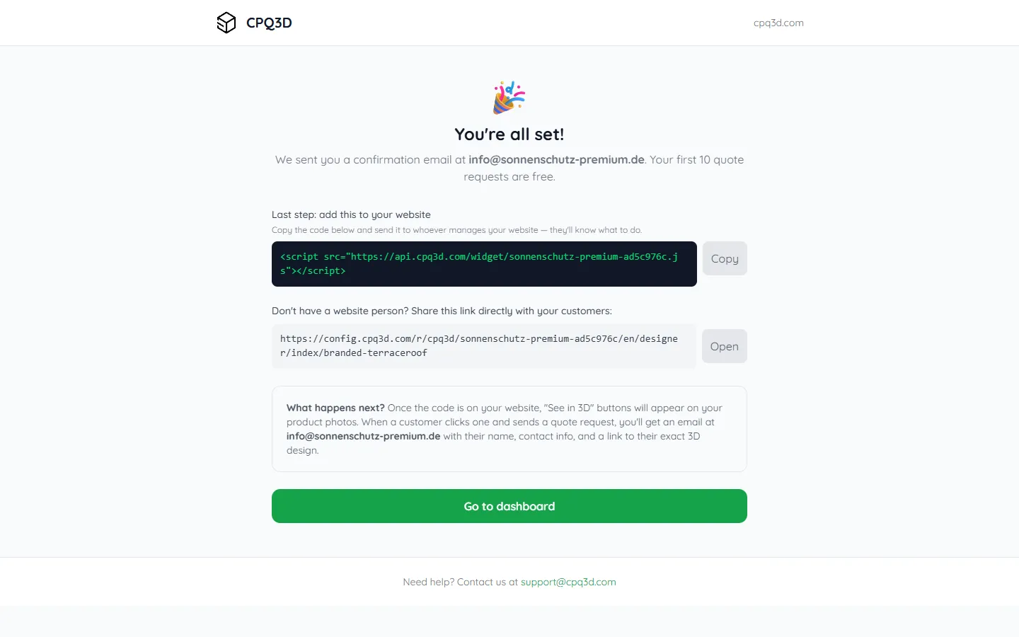 Setup complete — your widget code and configurator URL