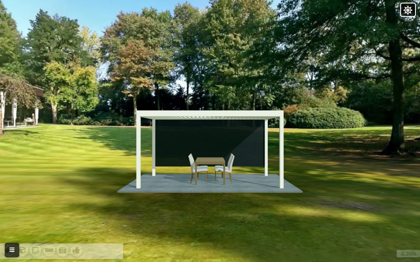 Bioclimatic pergola with adjustable louvers — configure in 3D